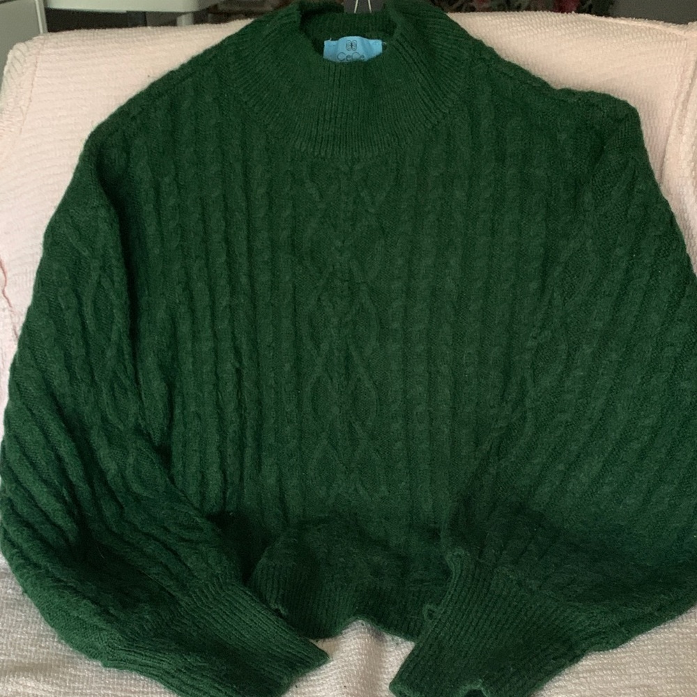 CeCe Forest Green Cable Knit Crewneck Sweater